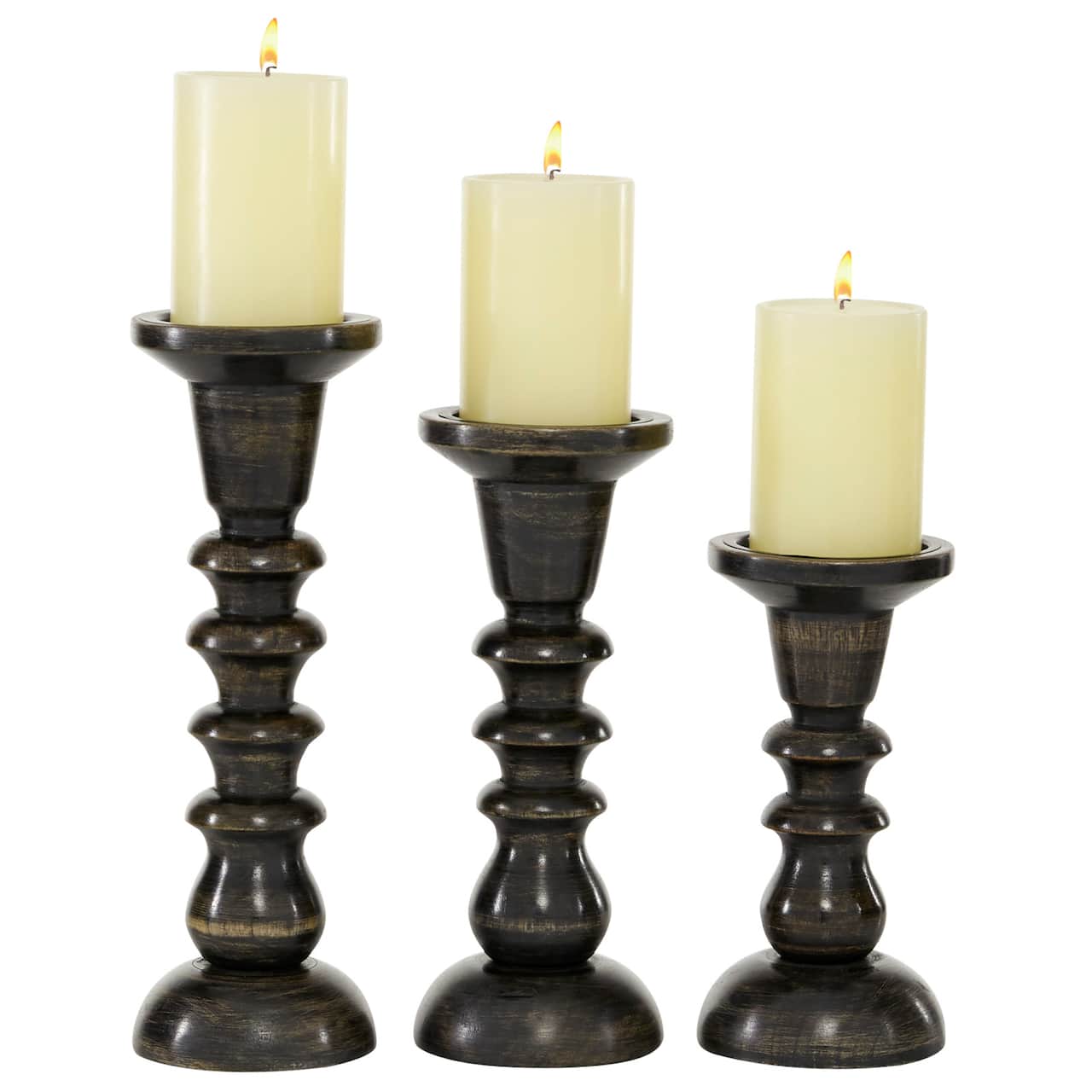 Dark Brown Mango Wood Traditional Ridged Candle Holder Set